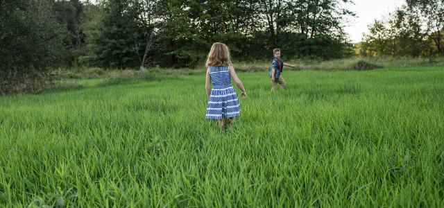 Happy kids walking through a spring meadow